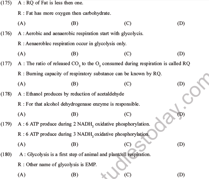 NEET Biology Respiration MCQs Set A, Multiple Choice Questions